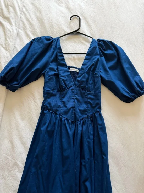Abercrombie & Fitch Navy Blue Midi Dress with Puff Sleeves - Picture 1 of 3